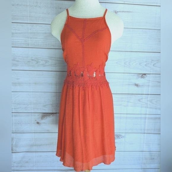 J Gee High Neck Embroidered Lace Cut Out Dress in Orange Size Large - Picture 4 of 11